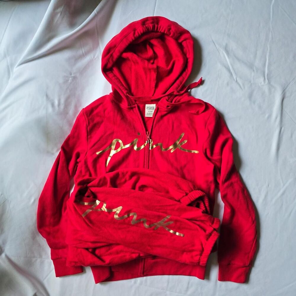 Victoria’s Secret PINK Red Gold Logo Hoodie Sweatpants Set Size M